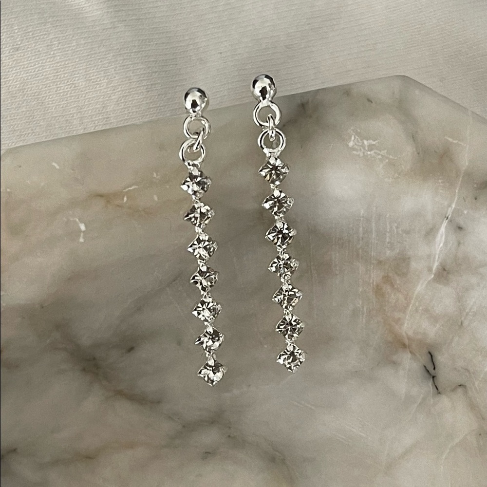 Sterling Silver 925 long rhinestone earrings minimalist prom wedding bridal - Picture 6 of 10